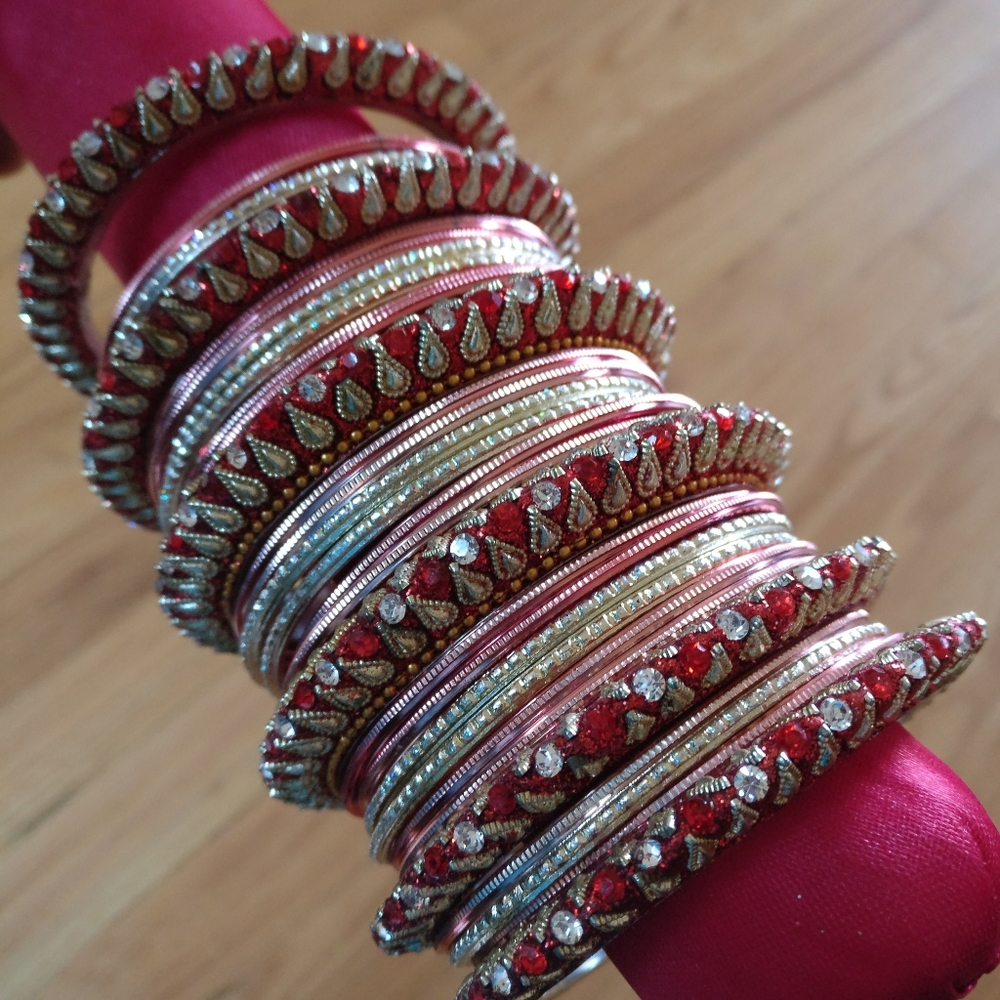 Indian Red, Pink, Gold, and Silver Bridal Bangles